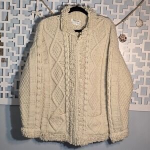 100% Wool Hand Knit Full Zip Cable Knit Fisherman Sweater Men's Med Women's L-XL